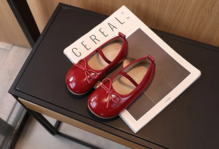 2025 New Kids Shoes Childrens Bowknot Princess Shoes Girls Flat Leather Shoes Gold Silver Red Spring Autumn For 3-10T