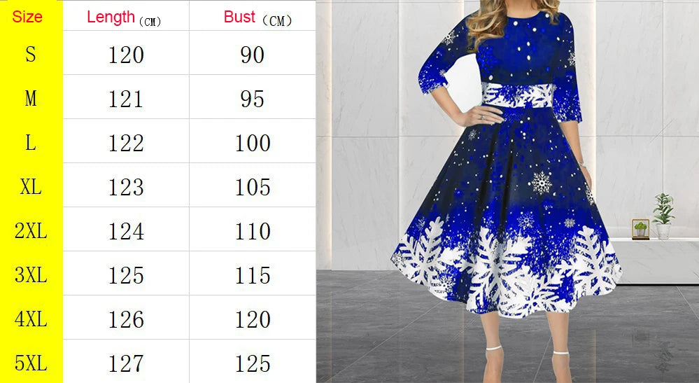Winter Christmas Dresses Women Vintage Robe Swing Elegant Half Sleeve Casual Print Party Dress
