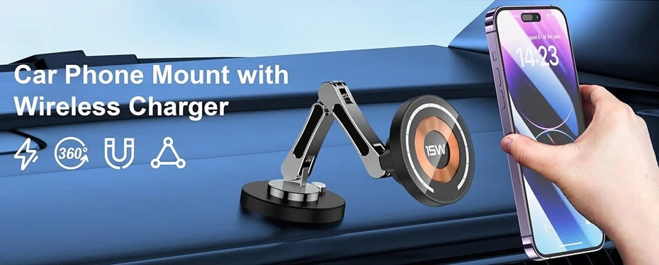 15W Universal Car Phone Wireless Charger Holder 360° Rotation Mount for Samsung Galaxy Fold 6 5 4 3 Z Flip S25 S24 Iphone 16 15