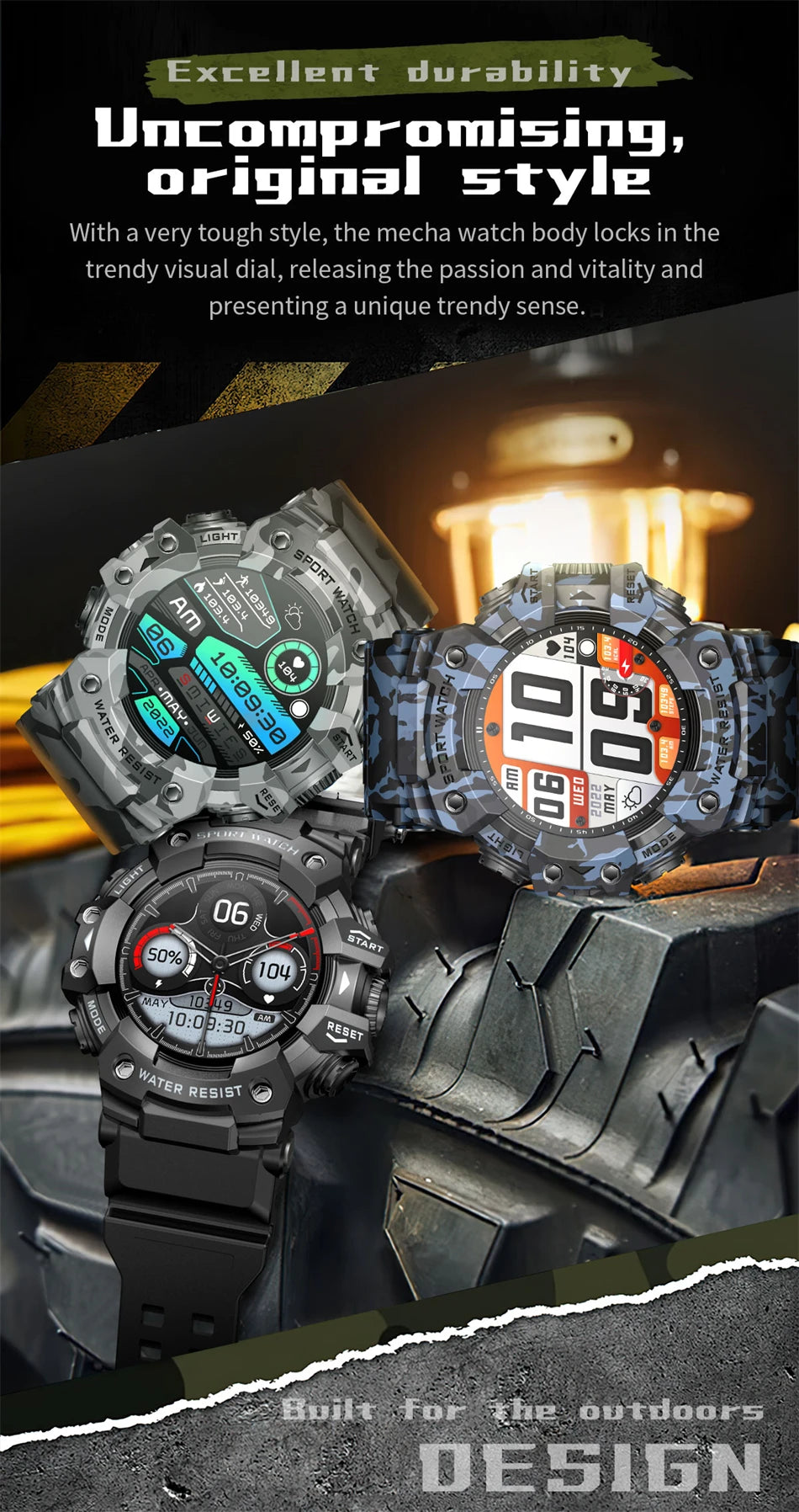 For Xiaomi Military Sports Smart Watch Men 100+Sports Fitness Flashlight Compass Heart Rate Bluetooth Call Waterproof Smartwatch