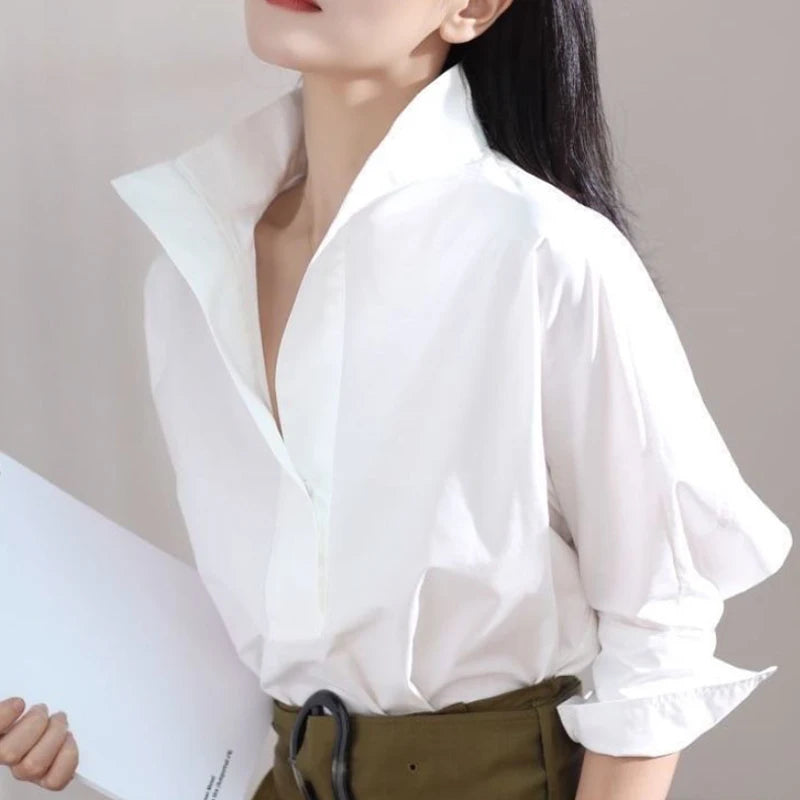 Women's Cotton Shirt Tops 2025 Autumn New Solid White Lapel Collar Long Sleeves Buttoned T-shirt Female Commuter Blouse