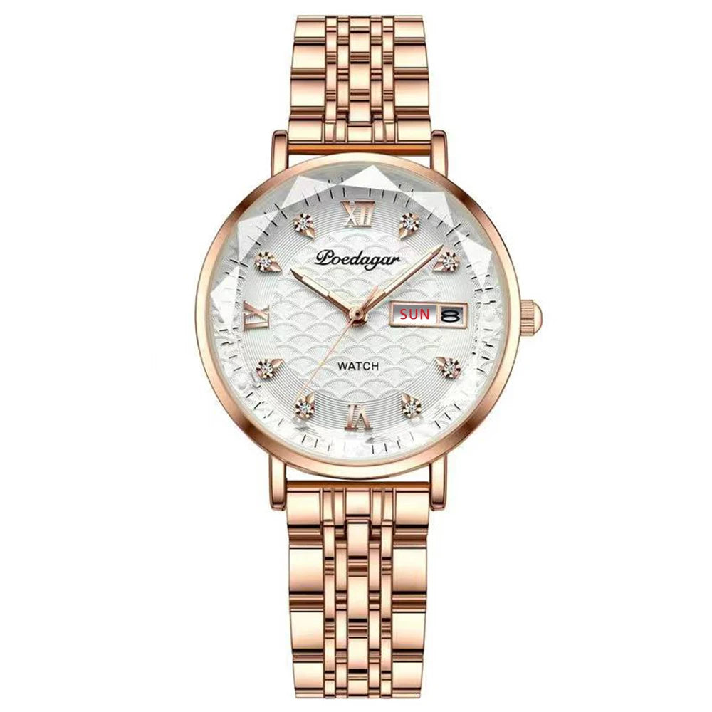 POEDAGAR Top Elegant Women's Watches Stainless Steel Date Week Woman Watch Waterproof Luminous Fashion Ladies Watch Quartz Reloj