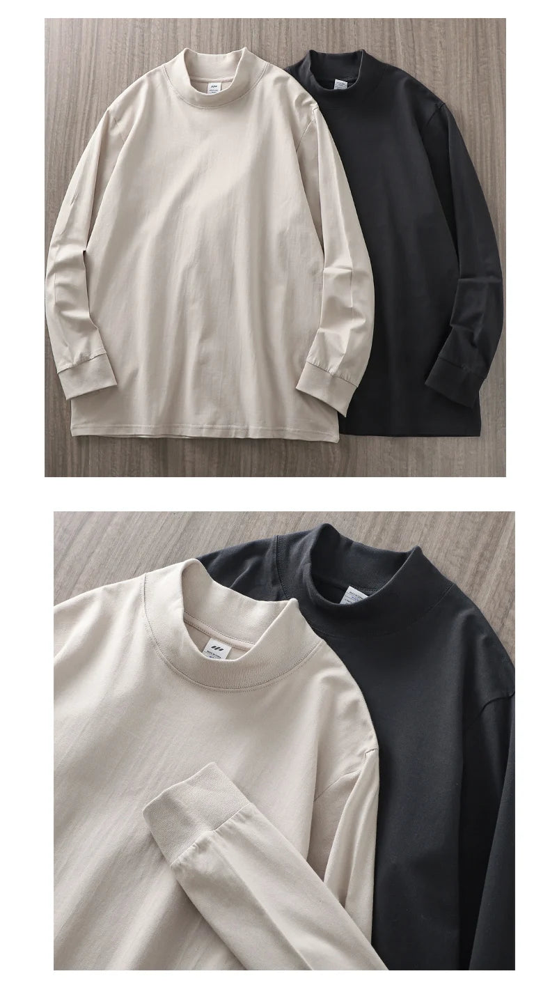 Dukeen 270G Heavyweight Half-Turtleneck Long-Sleeve T Shirts for Men Autumn 100% Cotton Solid Color Undershirt Men's Clothing