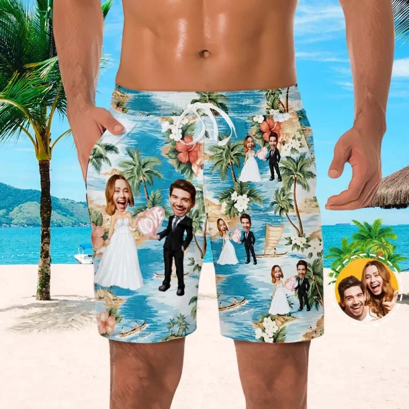 Custom Face Men Shorts Flowers Foliage Hawaii Beach Shorts 3D Printed Unisex Gym Sport Board Short Pants Ice Swim Trunks Ropa