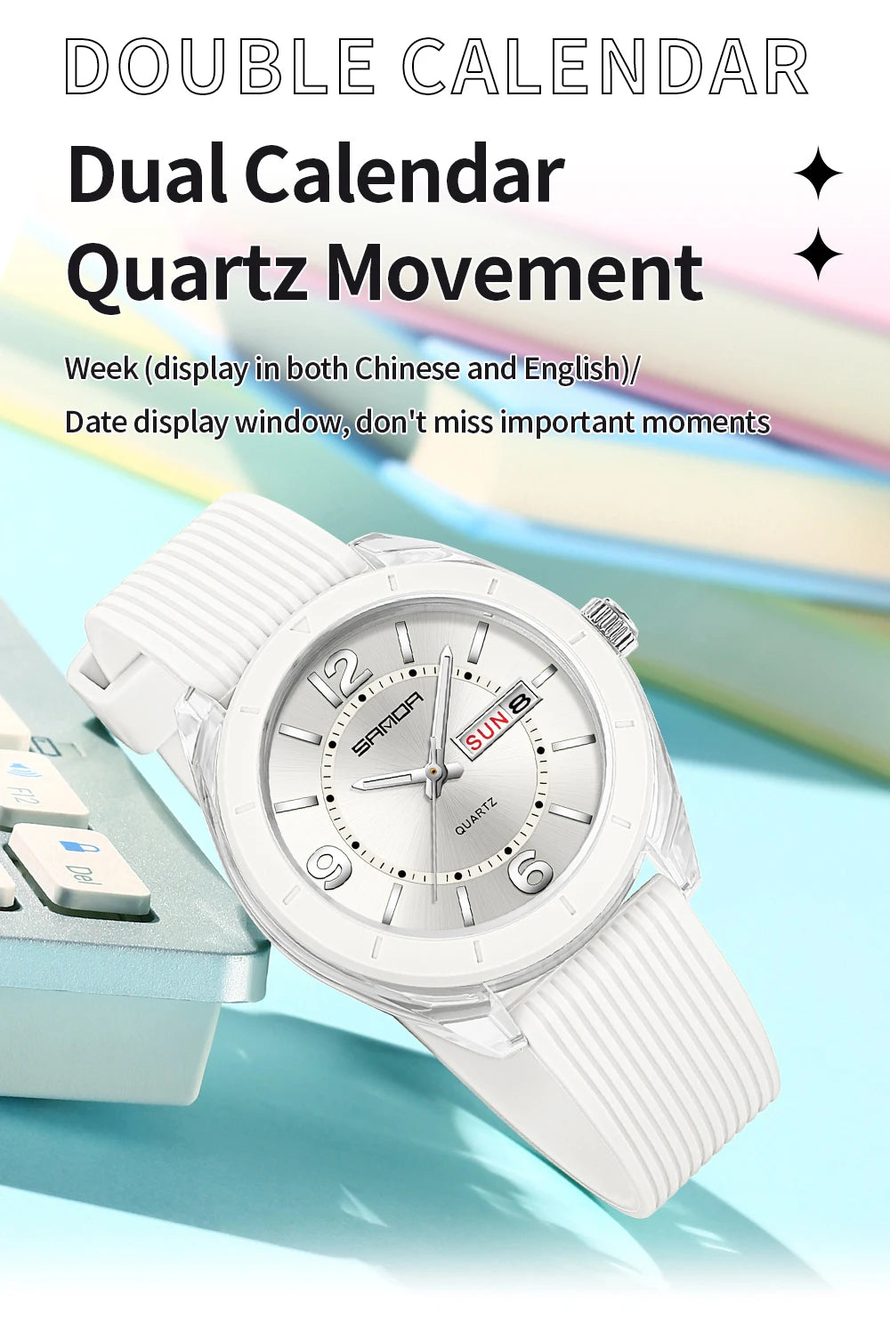 SANDA New 6287 Male And Female Students Leisure Exam Quartz Watch Night Light waterproof Double Calendar Quartz Watch