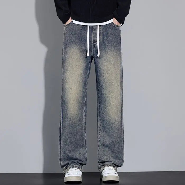Elastic Loose Straight Jeans Men's Wide Legged Denim Pants Casual Trousers Korean Style Sportswear Clothing Jeans Men Pants