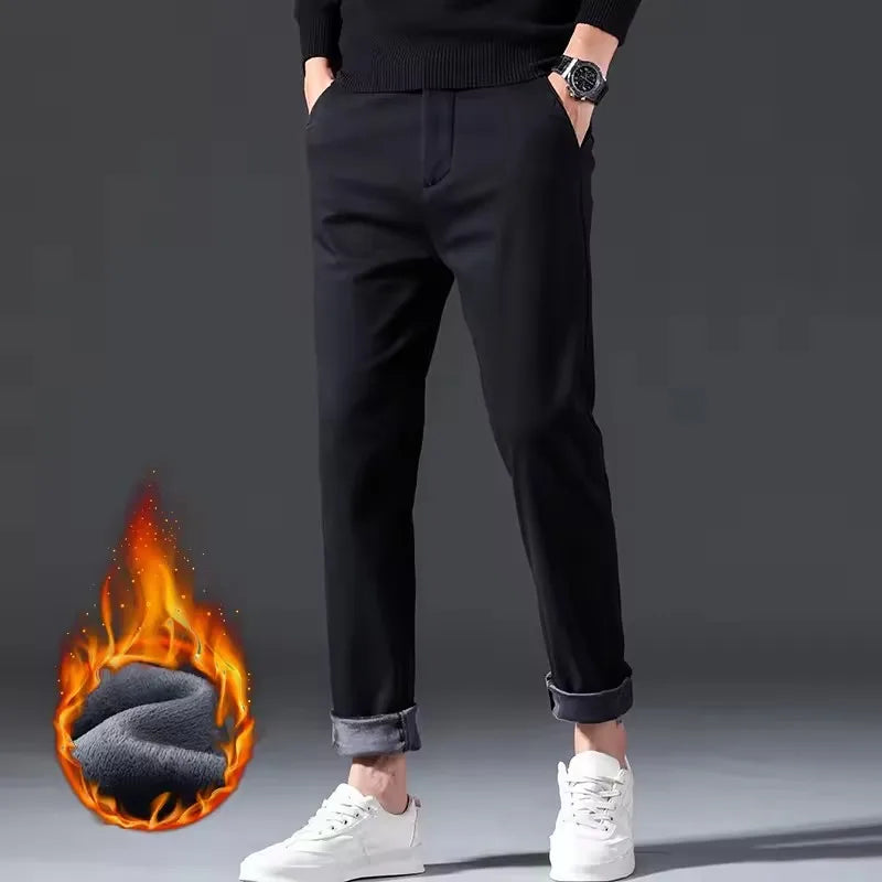 New Winter Mens Clothing Warm Casual Pants 98% Cotton Fleece Straight Business Thicken Men Pants Stretch Classic Velvet Trousers