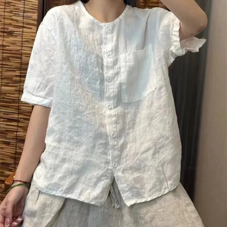 Chiffon Cotton Linen round Neck T-shirt Women Summer New Vintage Art Loose Shirt  Open Cardigan Top 2025 Short Shirt For Women