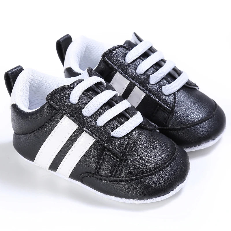 Baby Shoes Newborn Boys Sneaker Girls Two Striped First Walkers Kids Toddlers Lace Up PU Leather Soft Soles Sneakers 0-18 Months