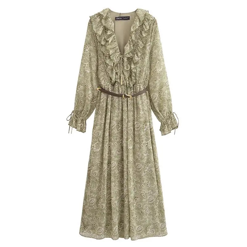 Dresses Women's 2025 New Spring Chiffon Print V-neck Chic Slim Long Dress Fashion Elegant Holiday Street Women's Dress