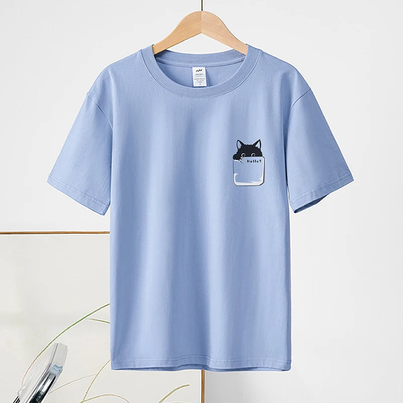 Summer New Pure Cotton Cat Printed Men T-shirts Short Sleeve Casual Solid Color Simple Thin Men Tops BOK0121