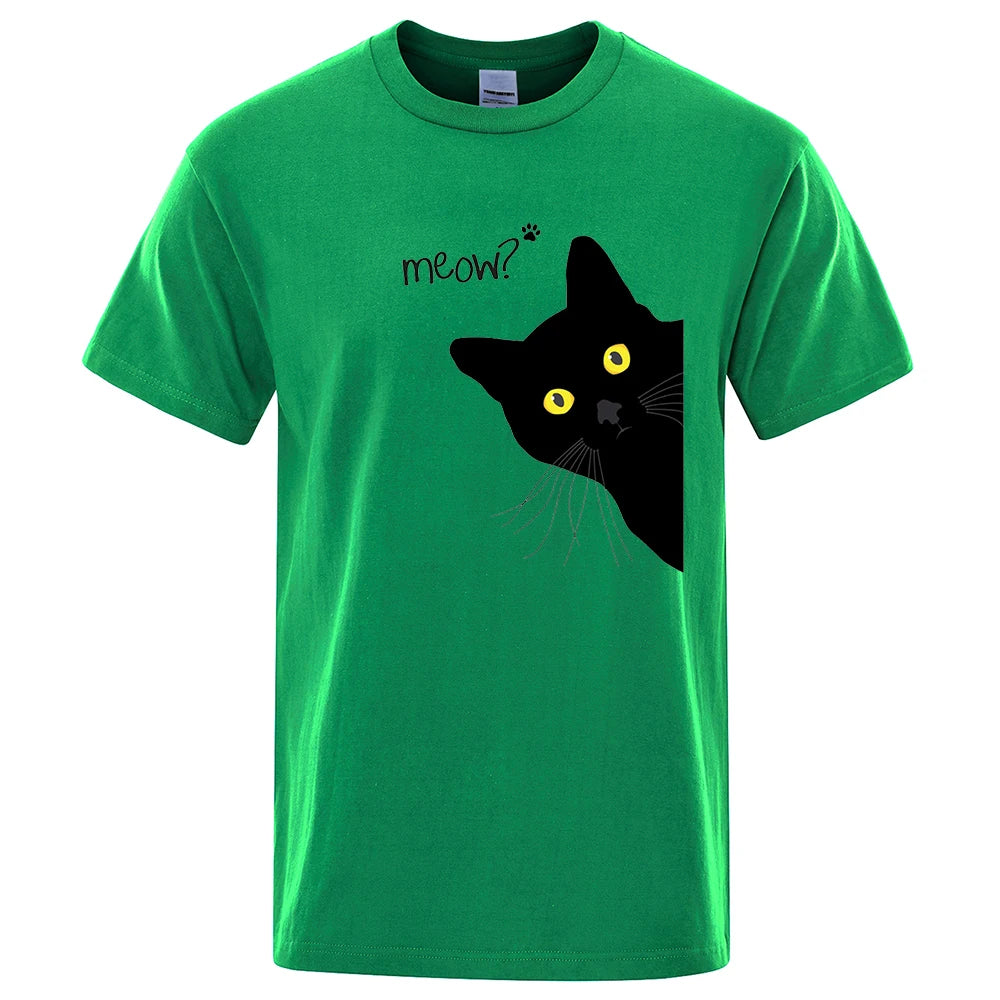 Meow Black Cat Funny Printing Men T-Shirts Breathable Tee Clothes Summer Streetwear Tops Unisex Loose Cotton Short Sleeve