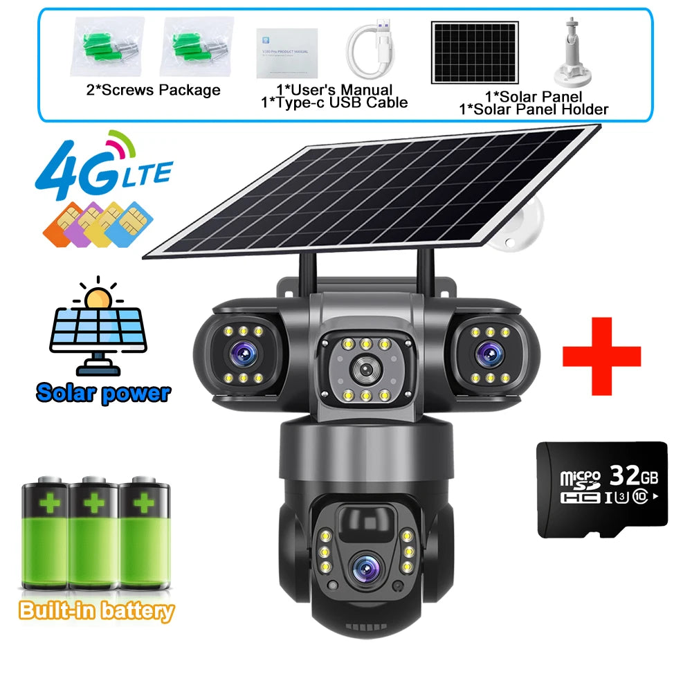 4G Solar Security Camera Outdoor Waterproof Wireless Three Lens Three screens Full Color Night Vision Motion Detection CCTV