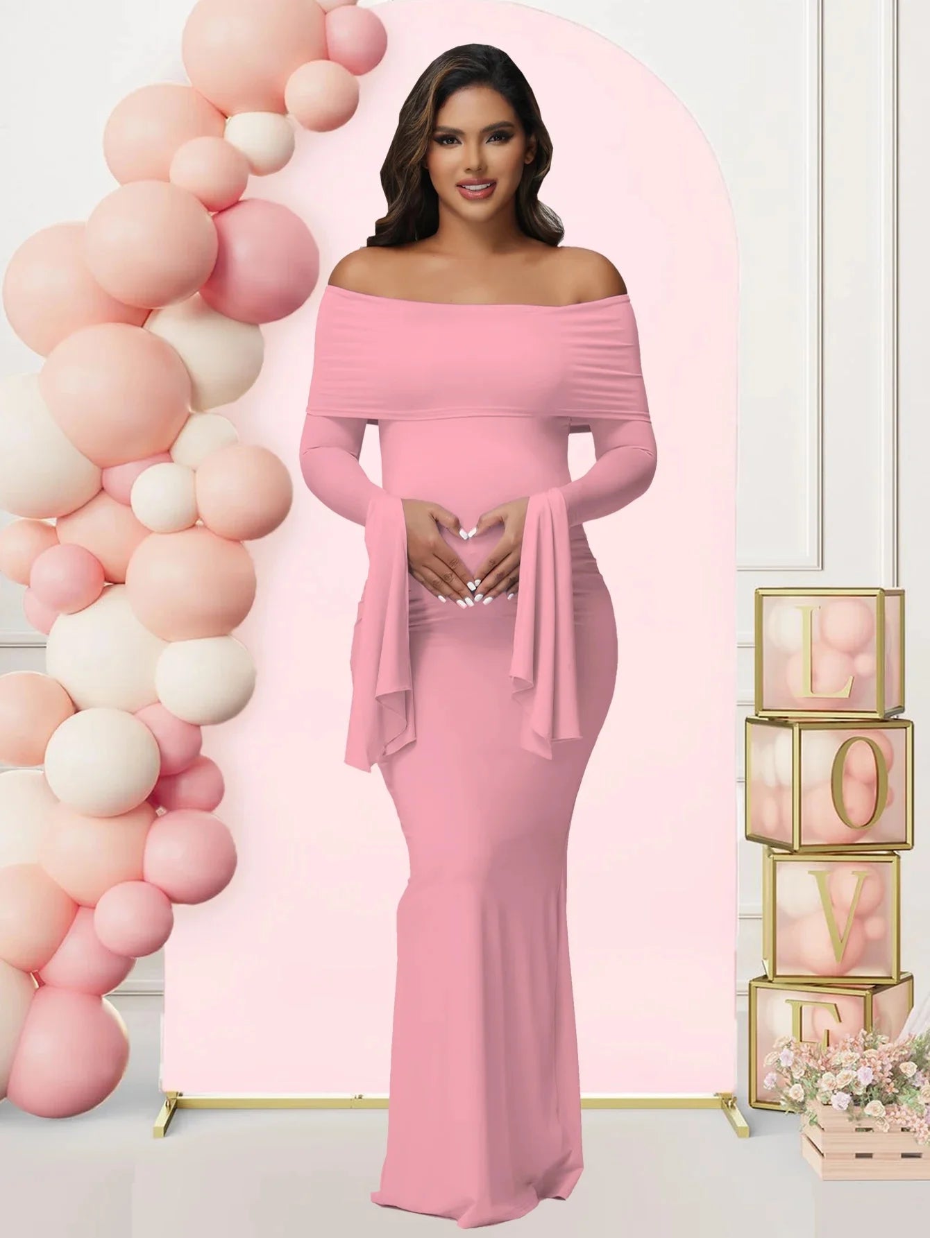 Women Maternity Dresses For Photoshoot Sexy Off Shoulder Long Sleeve Bodycon Pregnancy Baby Shower Maxi Gown