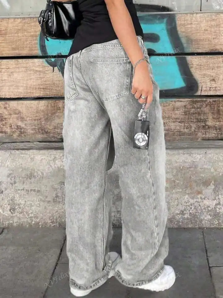 Jeans Women Straight Pants Denims Washed High Waist Distressed Pockets Female 2025 Streetwear Vintage Full Length Trousers