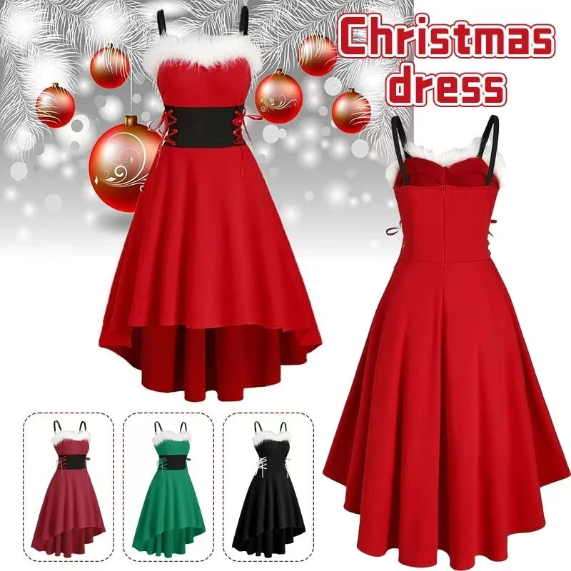 Women's Dress Christmas Floral Print Cold Shoulder Flounce Trim Elegant Dresses For New Year Sexy Merry Christmas Elk Deer Dress