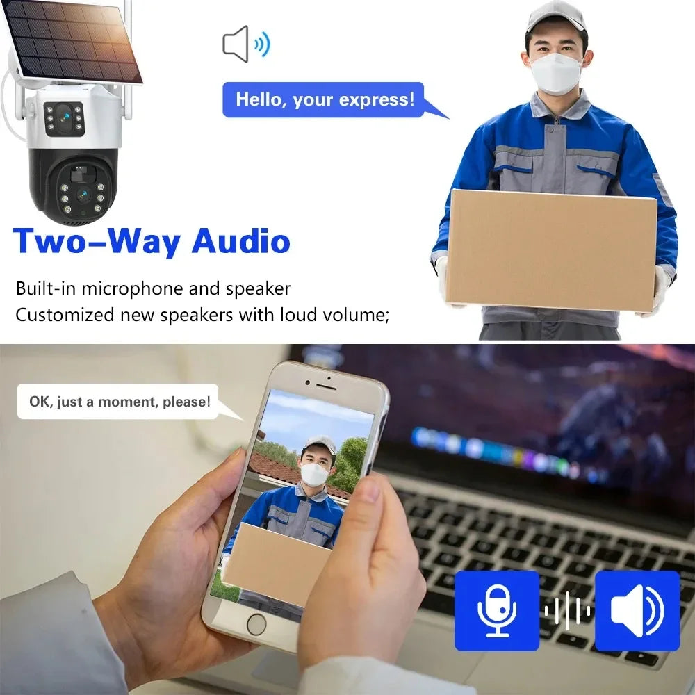 Solar Security Camera 4K 8MP Wireless PTZ Outdoor 360° Coverage 2-Way Audio Human Detection Night Vision 256GB WiFi/IP PIR Alarm