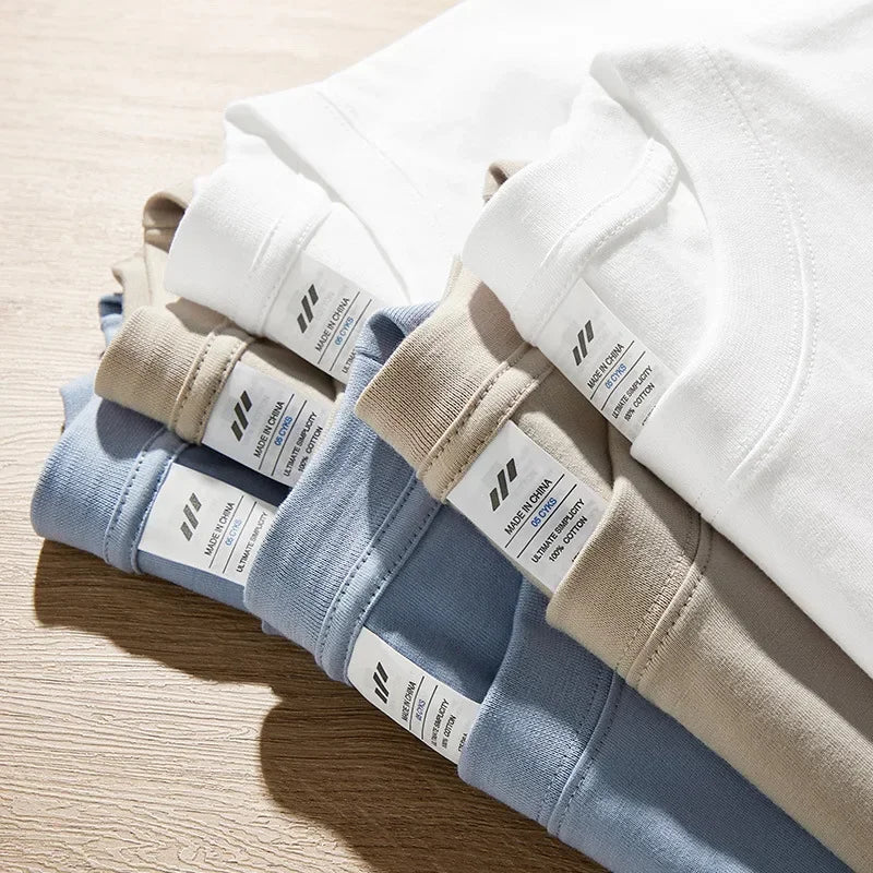 230G Men T Shirts Pure Combed Cotton Heavy Round Neck Solid Color Long-sleeved Men's T-shirt Loose Bottoming Shirt Tops For Male