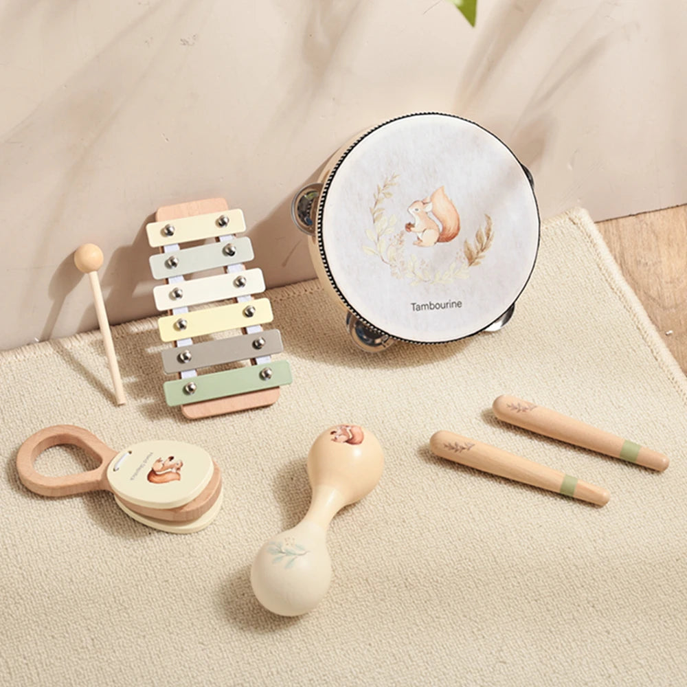 Kids Wooden Montessori Toys Musical Instruments Rattle Toys Wooden Squirrel Percussion Instruments Preschool Educational Toys