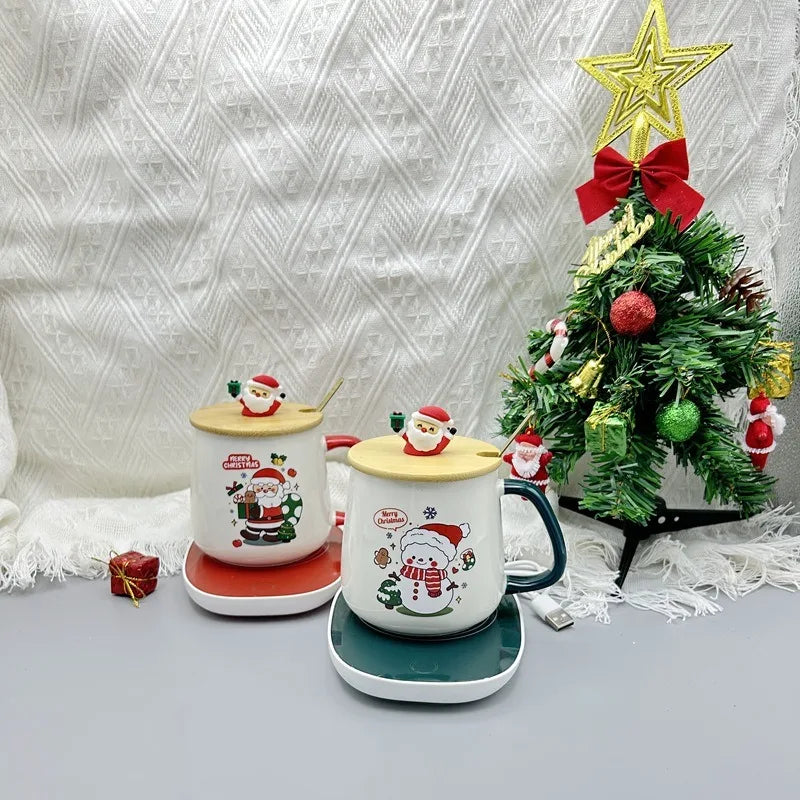 Christmas gift set: 55-degree warm ceramic cup with lid, Santa Claus mug, office coffee cup