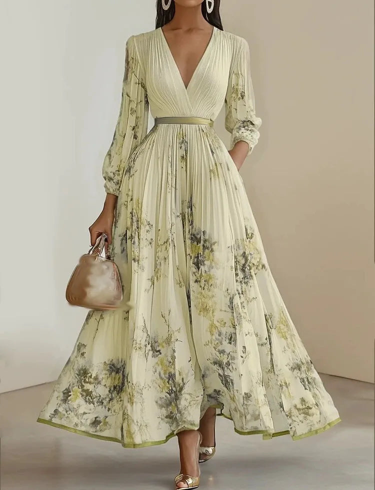 Elegant Print Dress For Women Fashion Long Sleeve V Neck High Waist Lace-up Loose Dresses Robe Femme Holiday Party Clothes New