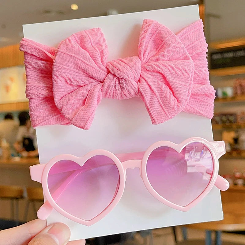 2 Pcs/Set New Children Cute Solid Bowknot Wide Hairbands Heart Sunglasses Hair Bands Baby Girls Headwear Kids Hair Accessories