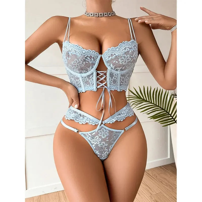 Women 2-Piece Transparent Erotic Underwire Bra Lace Sexy Lingerie Fancy Outfit Romantic Hot Underwear Set Bra And Panty Sets