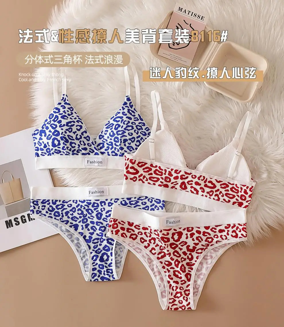 Women Seamless Bra Set Low Waist Panties Leopard Bralette Sexy Lingerie Set Vneck Sport Brassiere Female Cotton Underwear Set