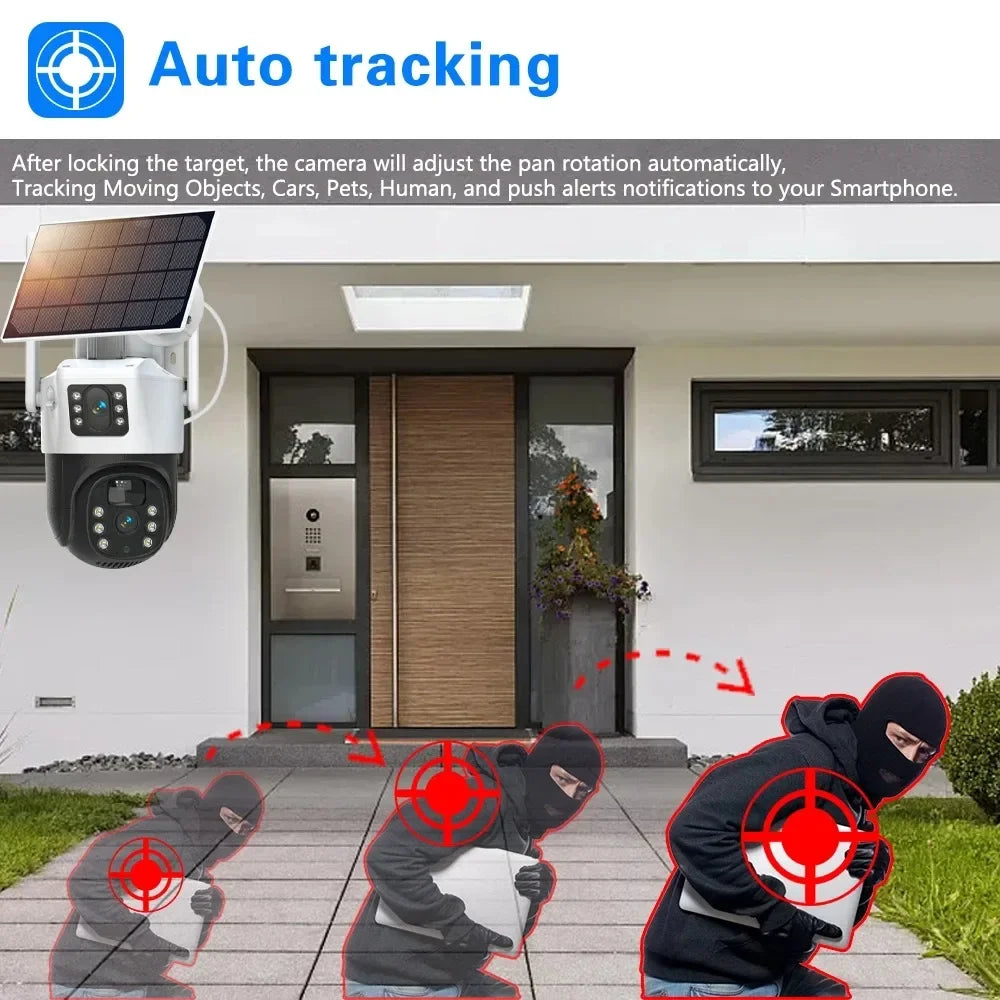 Solar Security Camera 4K 8MP Wireless PTZ Outdoor 360° Coverage 2-Way Audio Human Detection Night Vision 256GB WiFi/IP PIR Alarm