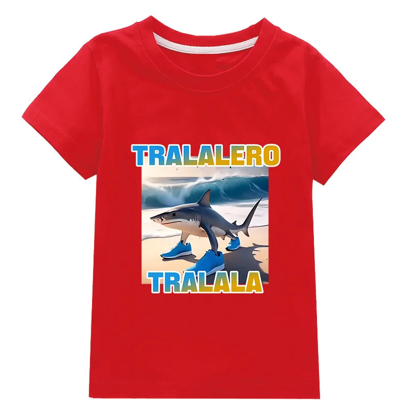 Tralalero Tralala Funny Shark Meme Kids Clothes Summer Boys Short Sleeve Outerwear Girls Casual T Shirt Children Clothes