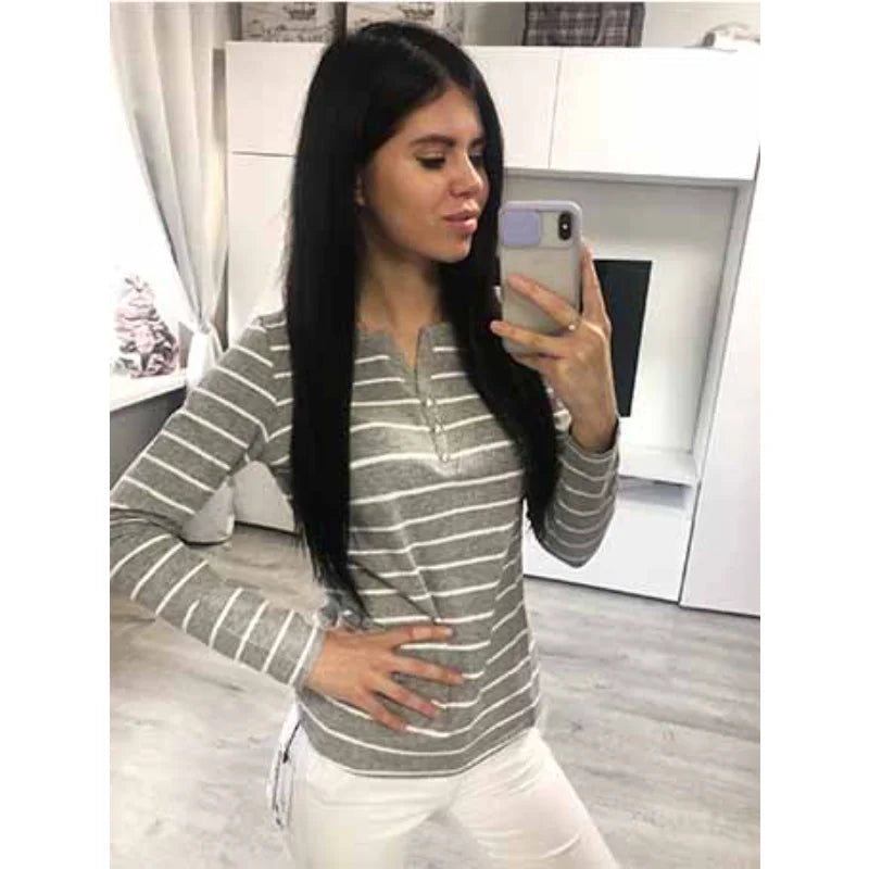 Cotton T-Shirt Women Long Sleeve Striped T Shirt Fashion 2025 Spring Autumn Female Clothes Top Tee Lady V-neck Tops 7215