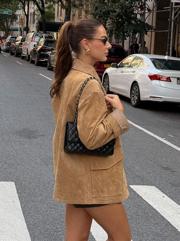 HH Woman's Fashion Jackets Solid Turn-Down Collar Long-Sleeved Pockets Single-Breasted Female Autumn Casual Loose Coats