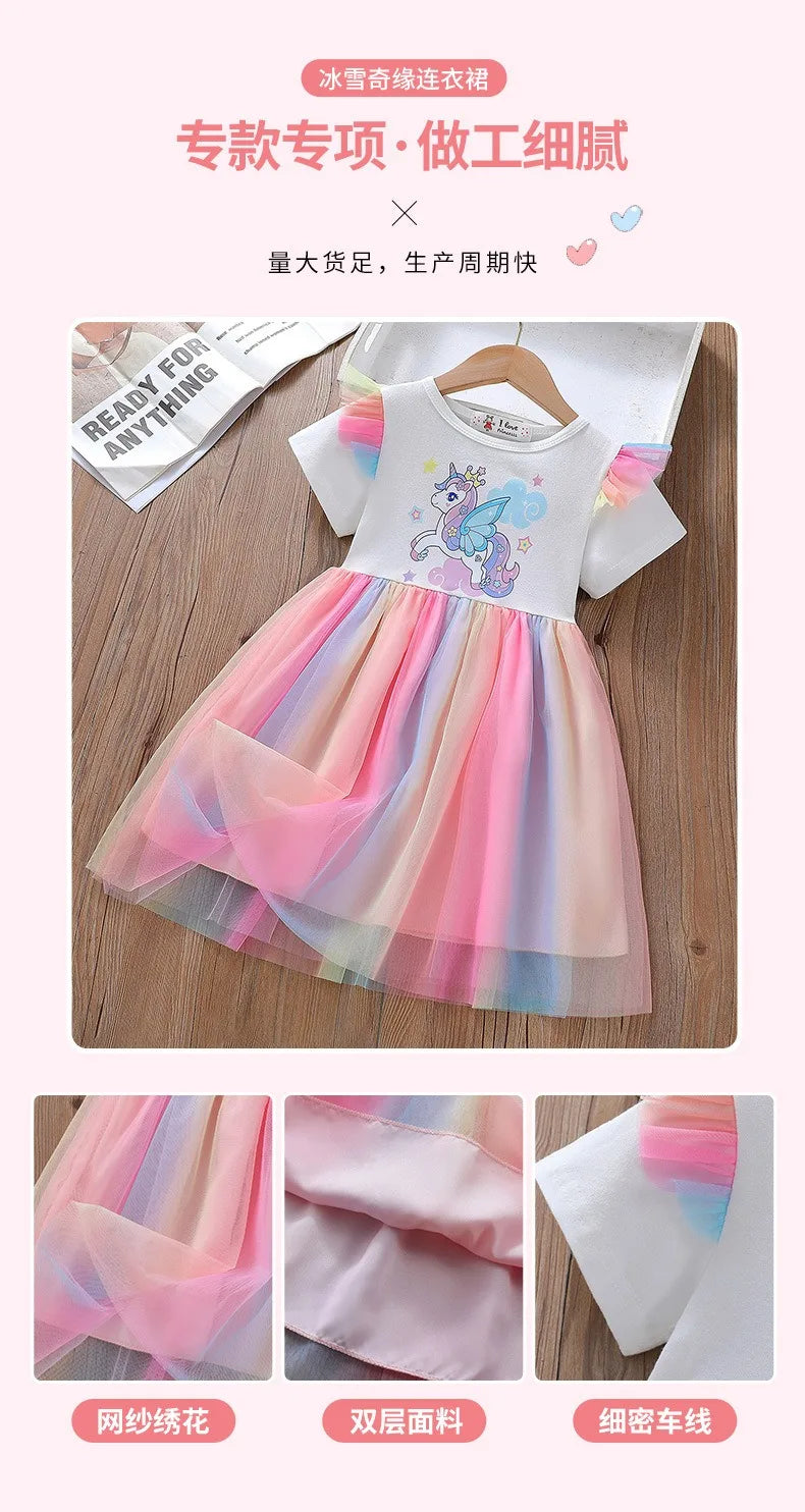 Unicorn Girls Dress 2025 New Kids Clothes Summer Short sleeve Princess Dresses Party Baby Dresses for Children Rainbow 2-8Y