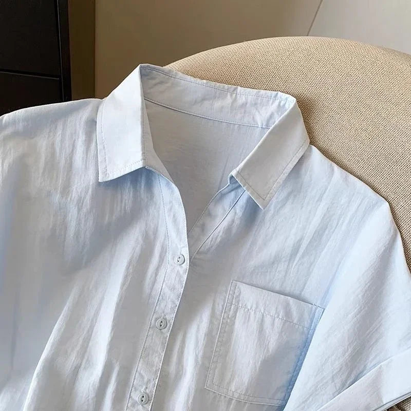 White Cotton Shirt Women Summer New Thin Loose Blouses Fashion Korean Commute Solid Short Sleeved Shirt Top