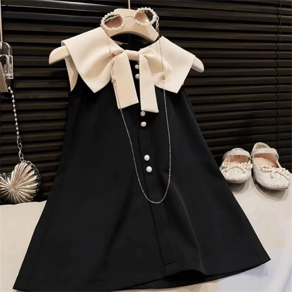 Korean Version Black Sleeveless Kids Clothes Summer New Bow Decoration Girls Dress Birthday Party Princess Dresses 2-7 Years Old