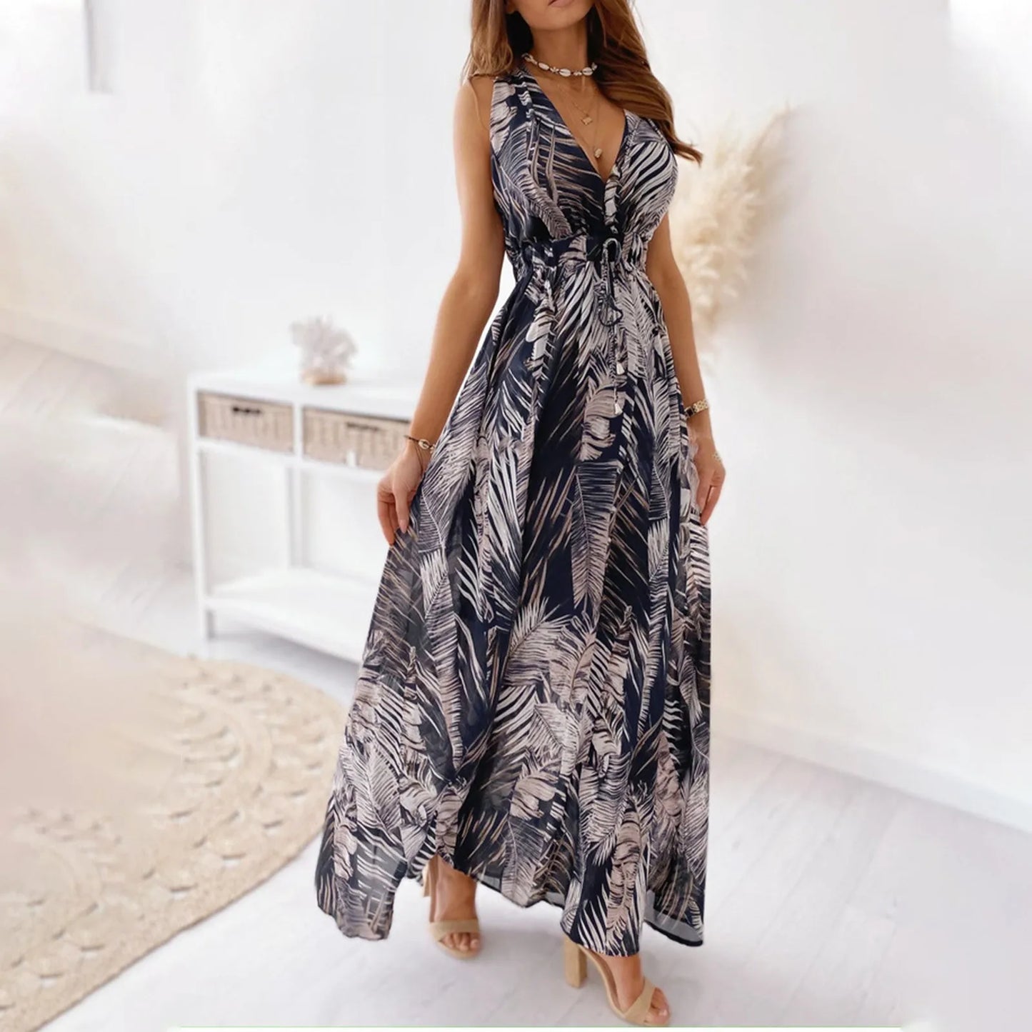dresses for women Summer dress Casual Print Bandage Elastic Waist V-Neck Sleeveless sexy long Dresses vestidos verano moda 2024