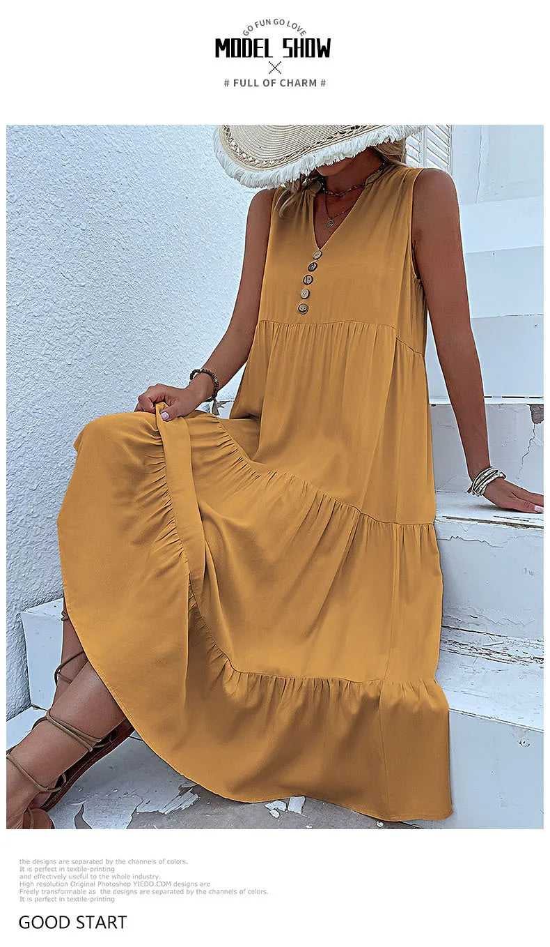 Dresses for Women 2025 Summer V-neck Single-breasted Vest Dress Sleeveless Loose Casual Solid Color Dress Vestidos De Mujer