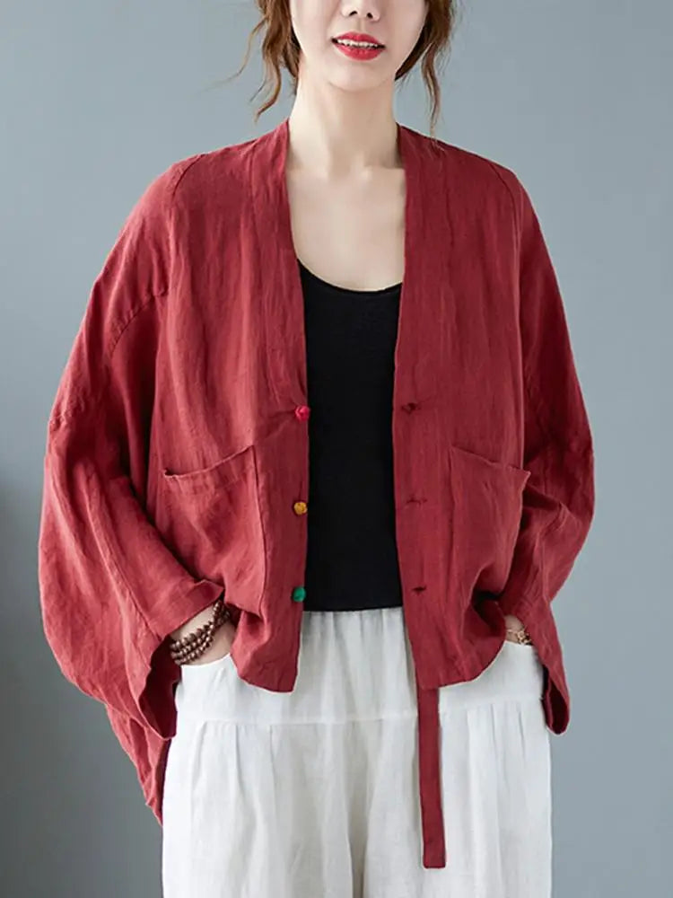 Women Long Sleeve Jackets New 2022 Autumn Vintage Style All-match Loose Comfortable Cotton Linen Female Casual Coats B2100