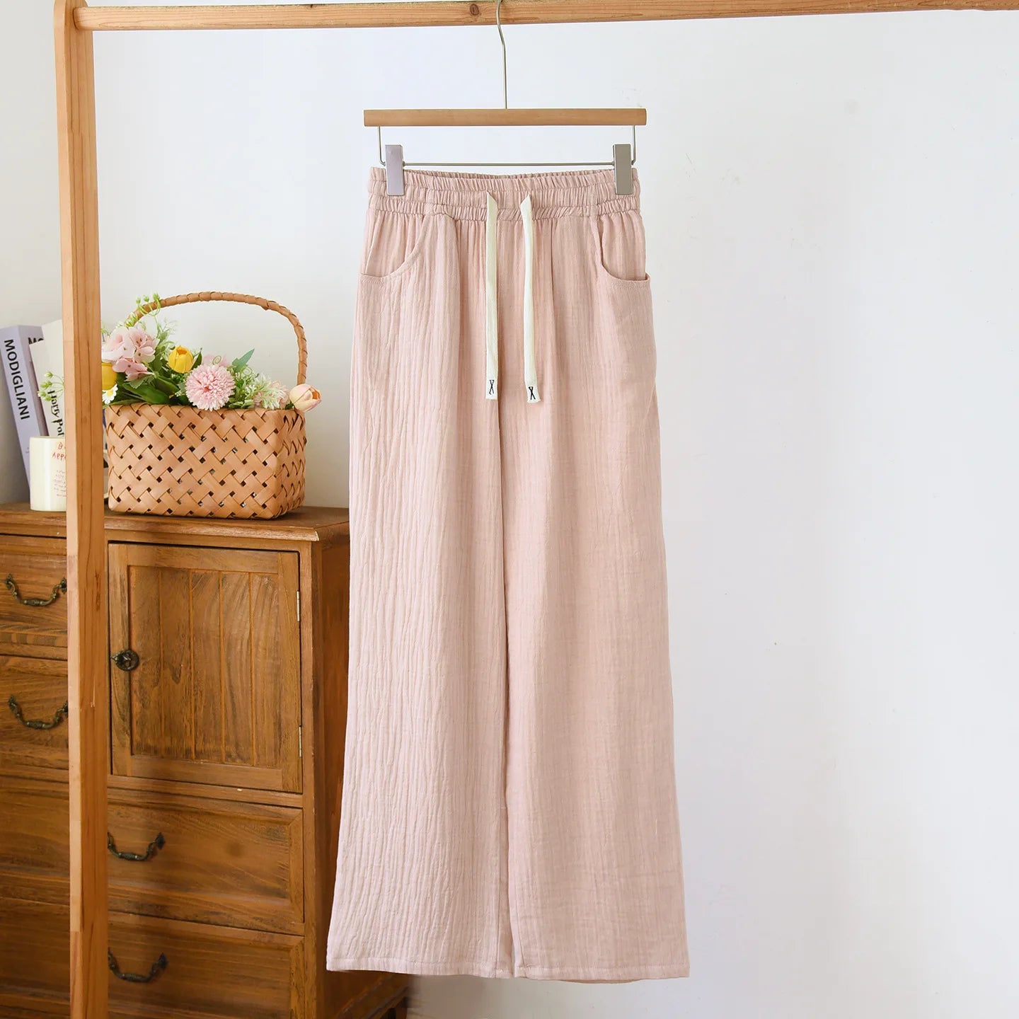 Summer Women Cotton Gauze Wide Leg Pants Casual Loose Elastic Waist Trousers with Pockets Solid Color Breathable Lounge Pants