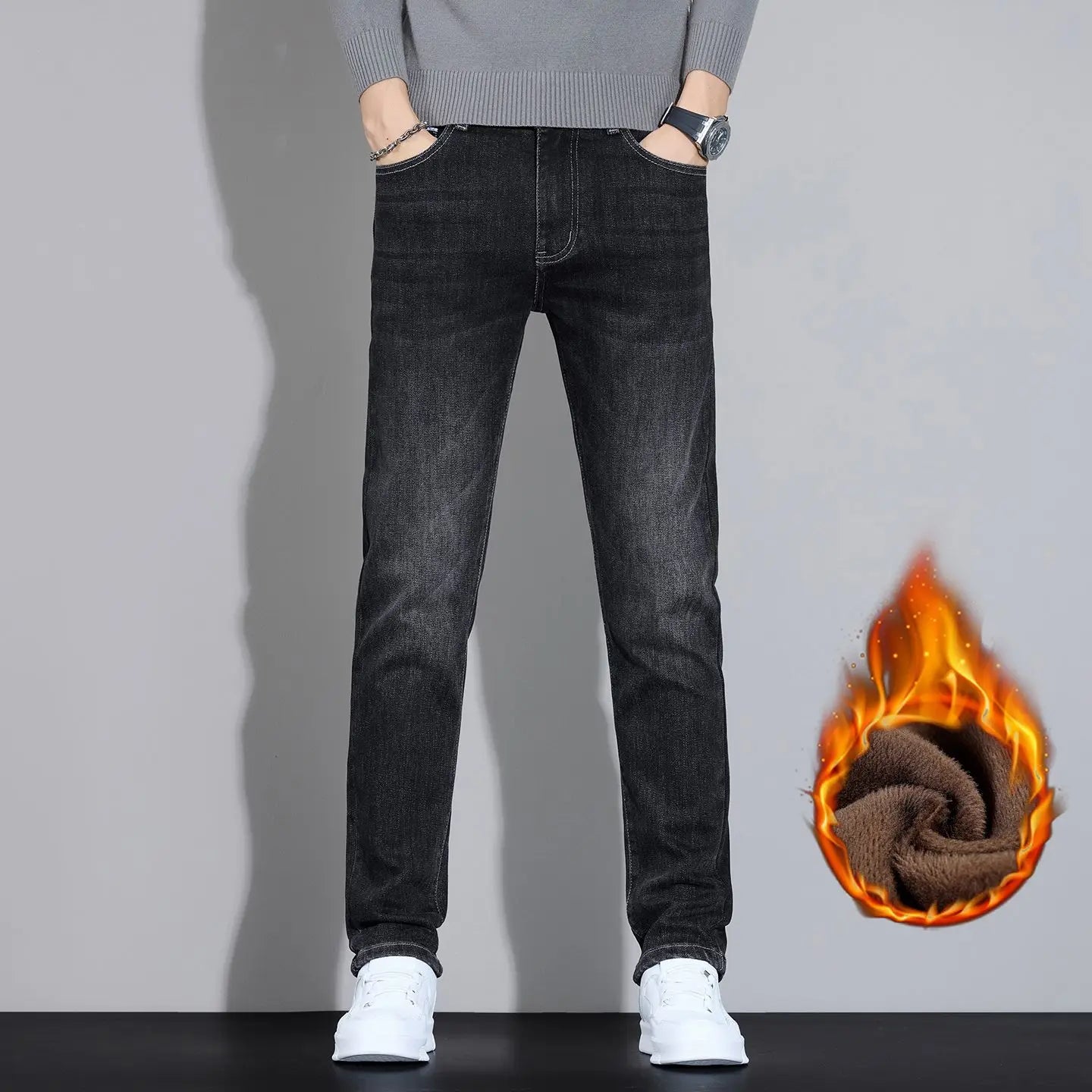 Fleece Thermal Autumn Winter Denim Jeans for Men Pants Warm Thicken Straight Stretch Clothing Fashion Street Causal Denim Pants