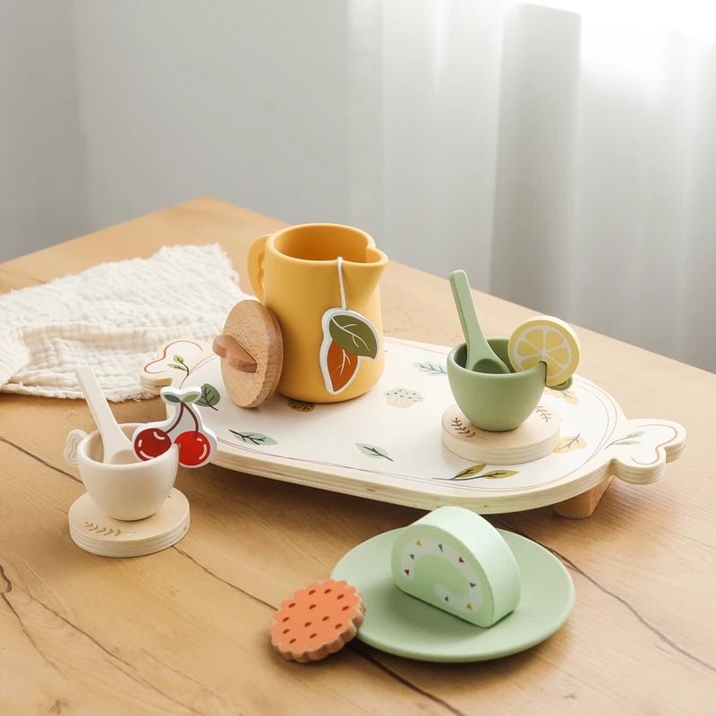 Kids Wooden Montessori Toys Afternoon Tea Set Pretend Play Kitchen Food Learning Role Play Game Baby Early Educational Toys Gift