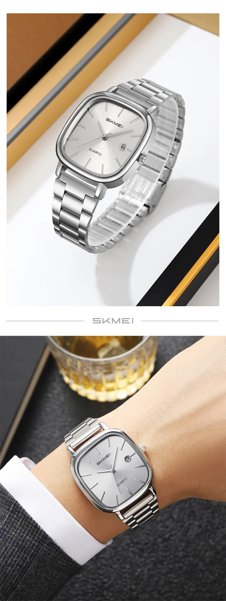 SKMEI Men's Quartz Watch Retro Square Zinc Alloy Case Gold Stainless Steel Band, 30M Water Resistance Time & Date Functions 2551