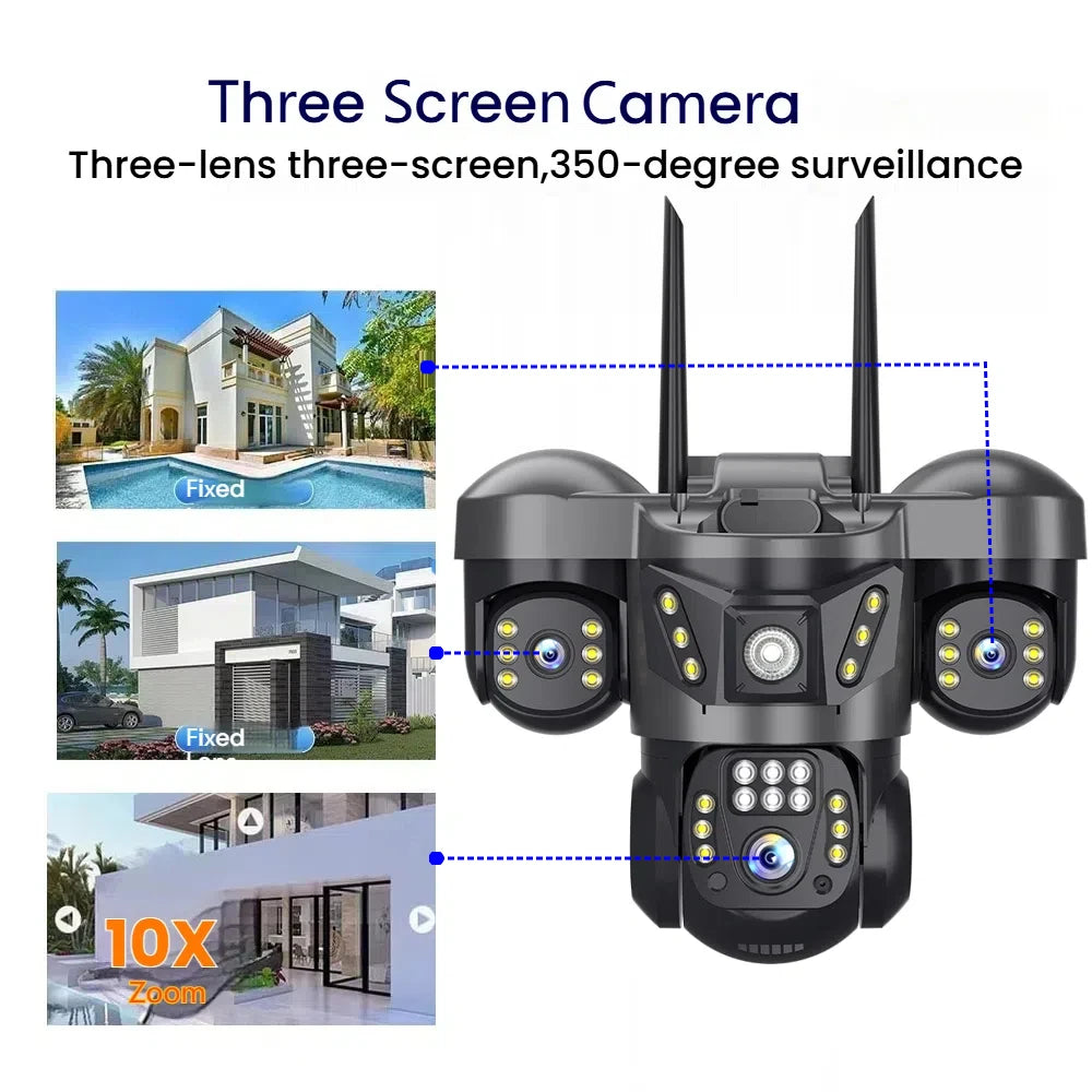 Home Surveillance Cameras 15MP 4GSim Card Triple Lenses Triple Screens 360 Video Monitor Night Vision Camera Security Protection