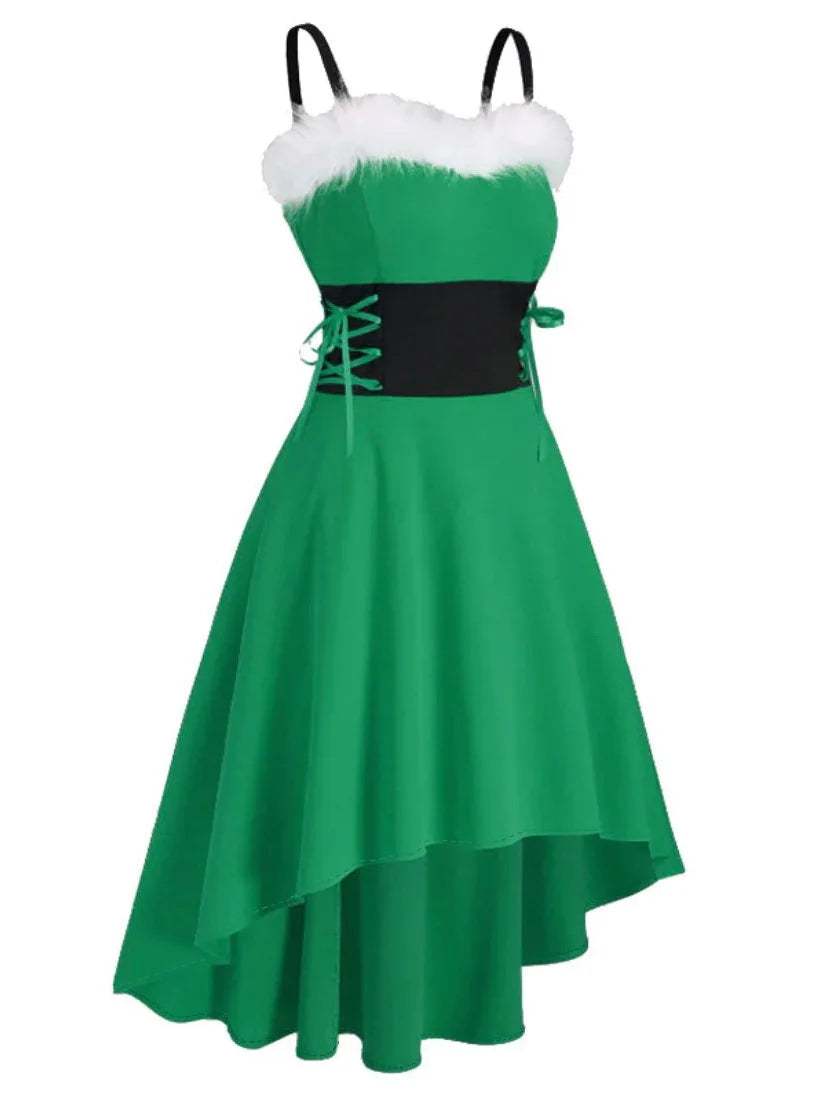 Women's Dress Christmas Floral Print Cold Shoulder Flounce Trim Elegant Dresses For New Year Sexy Merry Christmas Elk Deer Dress