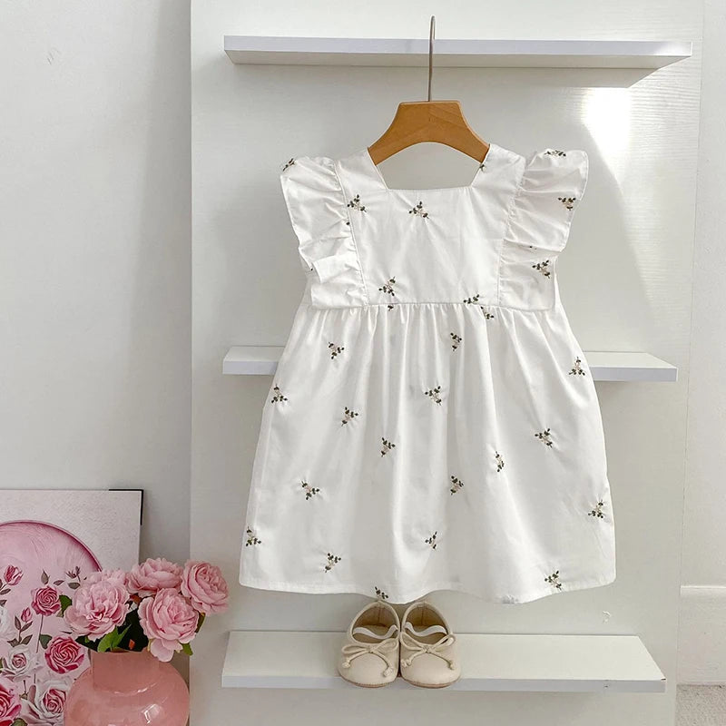 1-6Yrs Kids Clothes Summer Embroidery Dress Baby Girls Clothes Flying Sleeves Dresses Children's Clothing Vestidos Cotton Dress