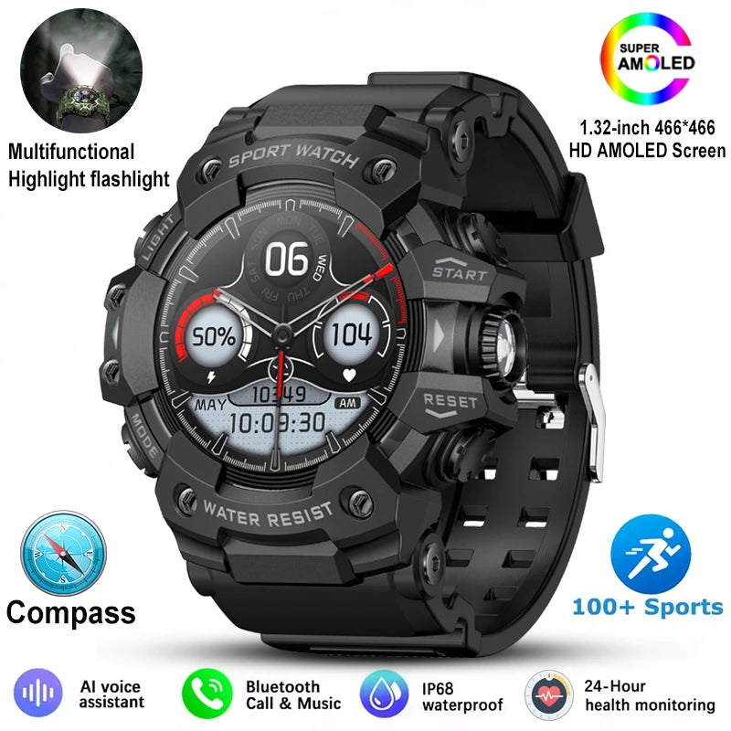 For Xiaomi Military Sports Smart Watch Men 100+Sports Fitness Flashlight Compass Heart Rate Bluetooth Call Waterproof Smartwatch