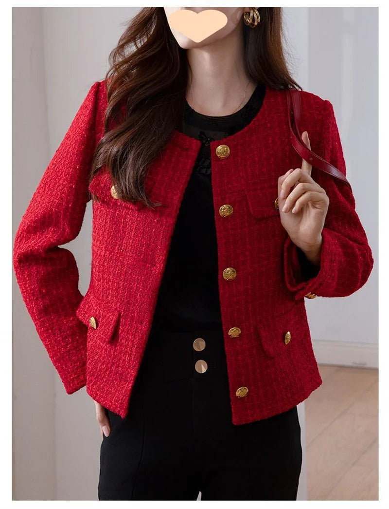 Women's Jacket 2025 New Autumn Fashion Red Tweed Small Fragrance Coat Ladies Short Blazers Korean Elegant Female Tops Outerwear