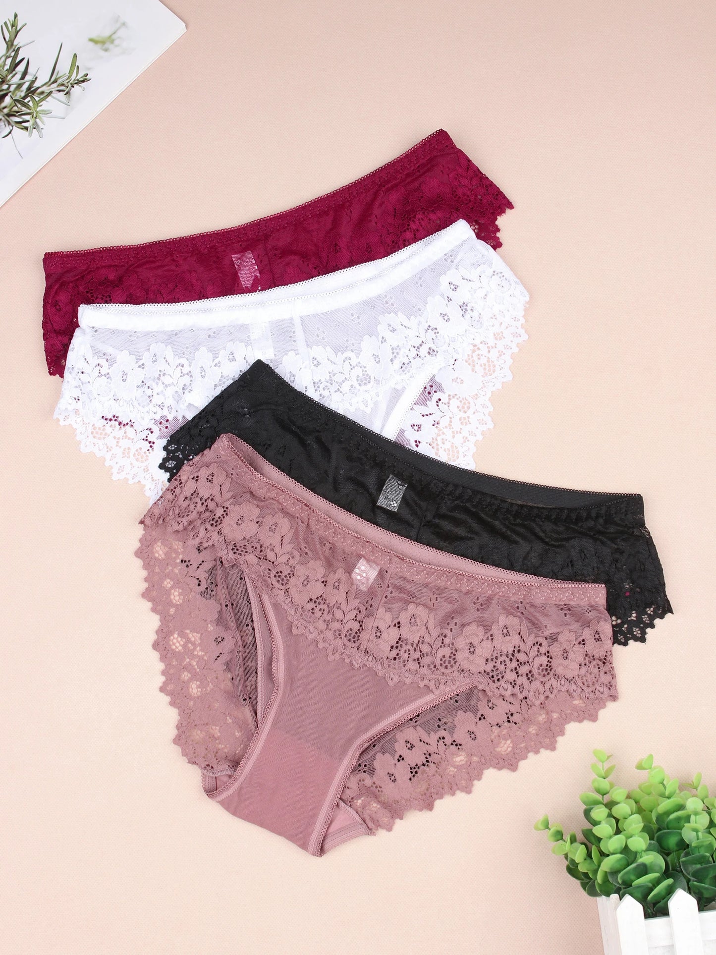 4 PCS Women Brazilian Panties Lace Sexy Girls Underwear Stretchy Solid Color Briefs Female Hollow Out Breathable Underpants