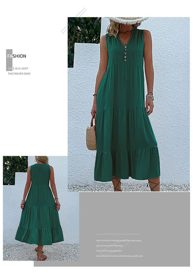 Dresses for Women 2025 Summer V-neck Single-breasted Vest Dress Sleeveless Loose Casual Solid Color Dress Vestidos De Mujer