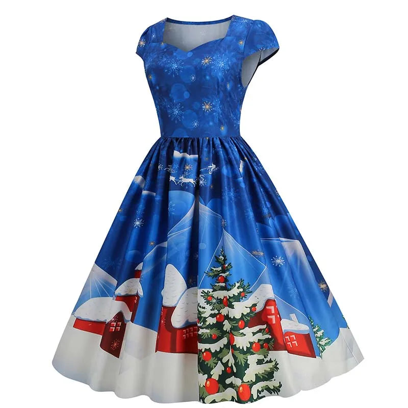 Christmas Dresses for Women Winter Pinup Rockabilly Sexy Cosplay Party Dress Santa Claus Snow Print Cocktail Prom Dress